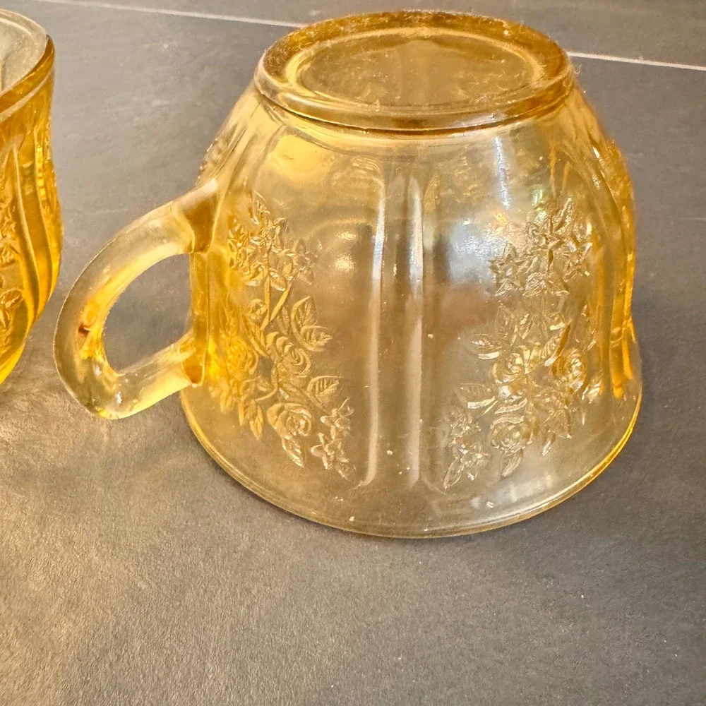 Antique Amber Depression Glass Tea Cups Embossed Floral Pattern Set of 2 Vintage